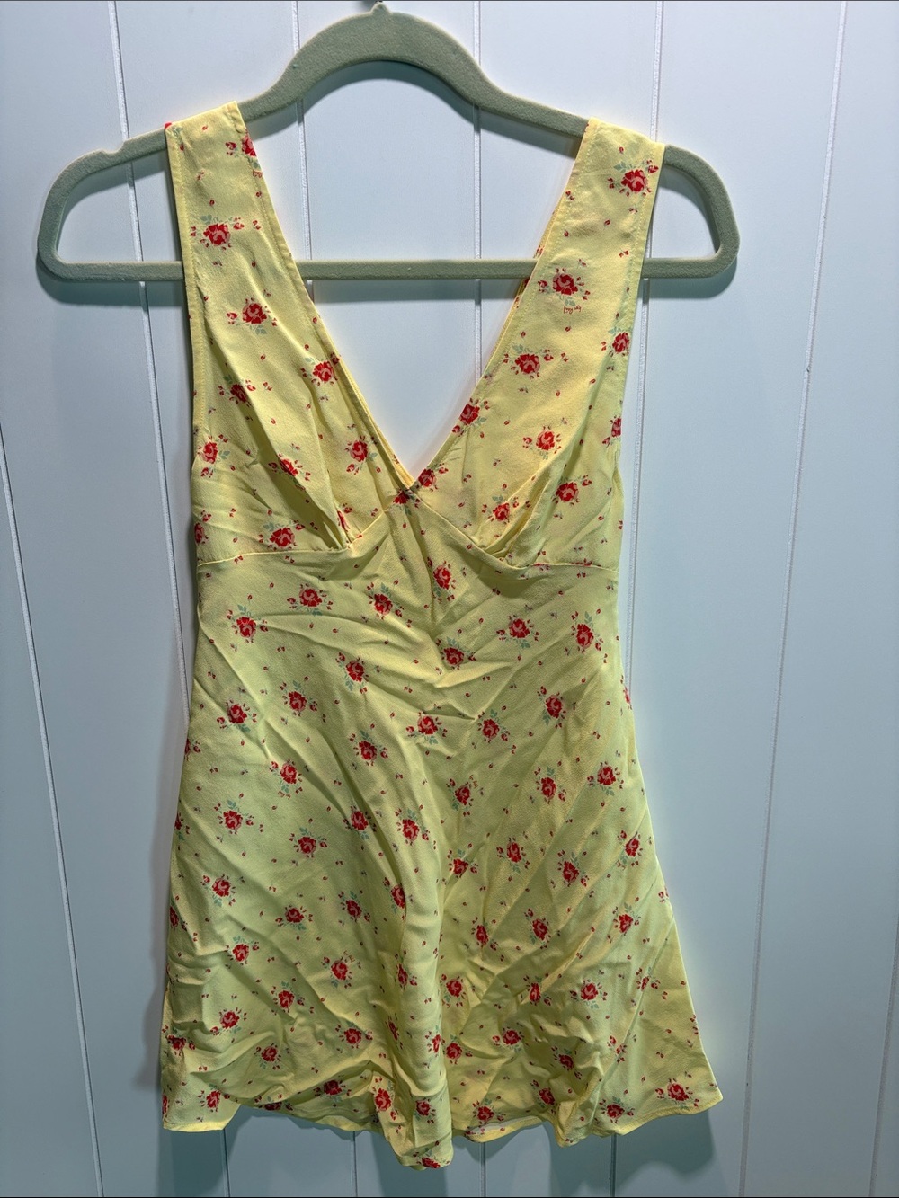 Realization 100% silk yellow dress red roses tank dress mini S